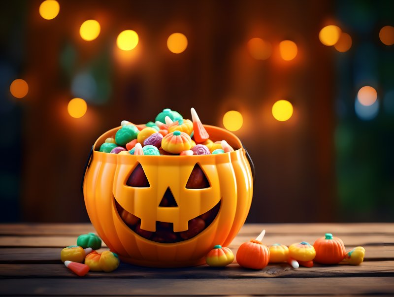 a pumpkin bucket filled with Halloween candies
