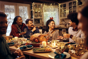 a family around a dinner table enjoying a holiday meal together
